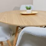 Comedor Redondo Mesa Eames Wood 100cm + 4 Sillas Nórdicas Lino Celeste - Imagen 7