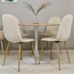 Comedor Redondo Mesa Tulip Wood Base Blanco 100cm + 4 Sillas Eames Velvet Crudo